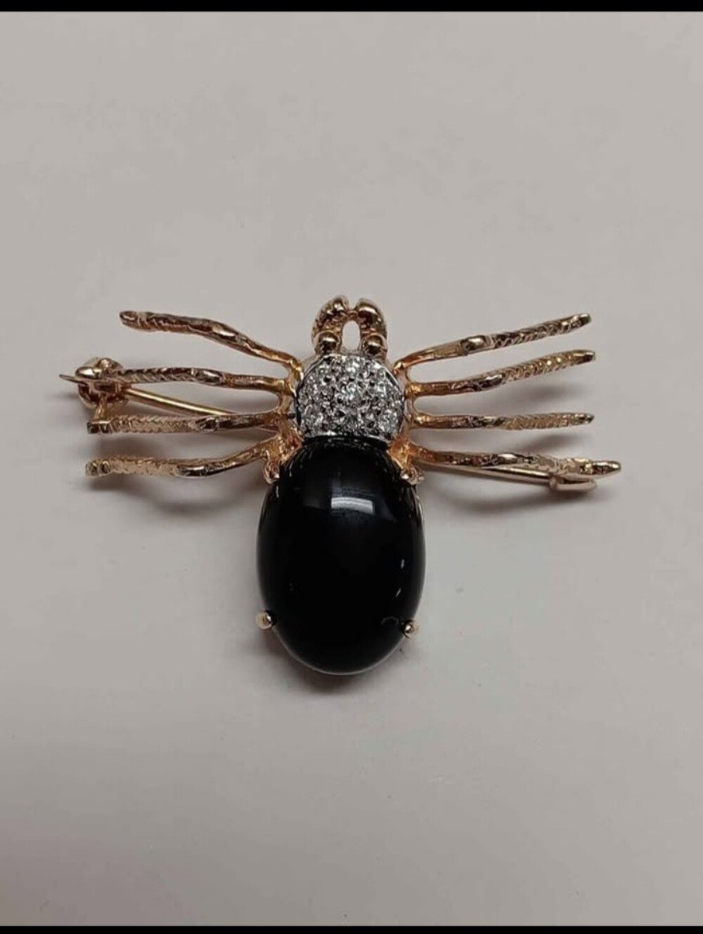 Solid 14k Gold Spider Pin With Onyx And Diamonds
